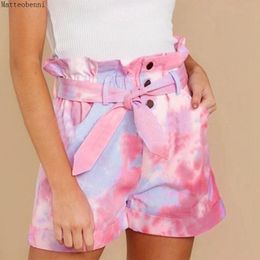 Plus Taille S-5XL Summer Tie Dye Imprimer Short Taille Haute Pour Femmes 2021 Y Compris Ceinture Lady Casual Bouton Plage À Lacets SS Femmes