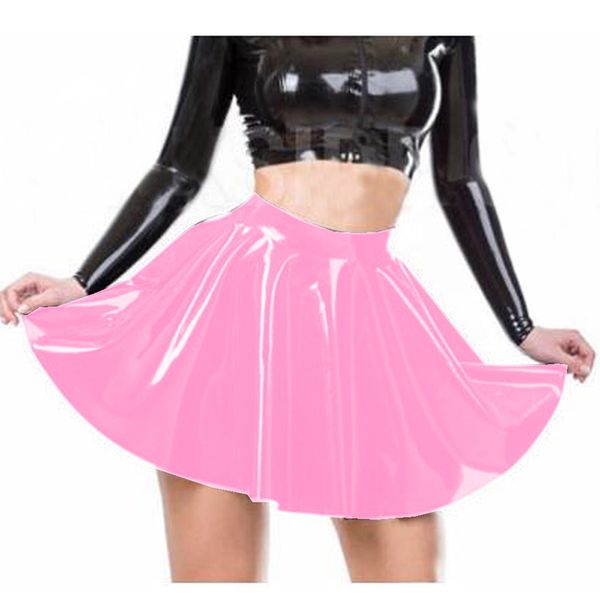 Grande taille S-6XL a-ligne plissée dames mode taille haute courte Mini jupe été danse tenue de fête Look humide PVC Clubwear