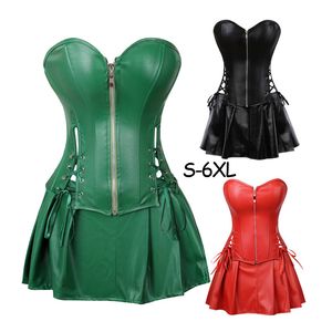 Plus La Taille S-6xl Noir Zipper Pu En Cuir Corset Bustier Robe Ensemble Overbust Sexy Lingerie Femmes À Lacets Corselet Tops Jupe String Y19070201