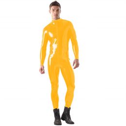 Plus Size S-6XL Mannen Wetlook PVC Bodycon Jumpsuit Rits Zentai Lange Mouw Cosplay Catsuit Halloween Prestaties Costume318L