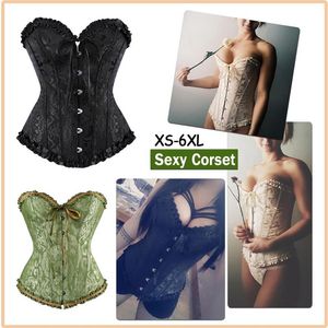 Grote maten S-6XL Bovenborst satijnen lint Ruches Jacquard Bustier Korset met veters Zwart Rood Wit 3XL 4XL 5XL Geen vulling Linnin289e