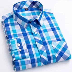 Plus la taille S-8XL hommes chemise à carreaux à manches longues 100% coton décontracté boutons minces affaires robe sociale chemises chemisier hommes vêtements 240306