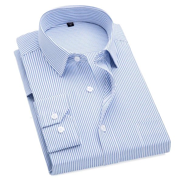 Camisas formales de talla grande S a 8xl para hombres, camisas de vestir ajustadas de manga larga a rayas, sin planchado, ropa social de sarga sólida para hombre 240112