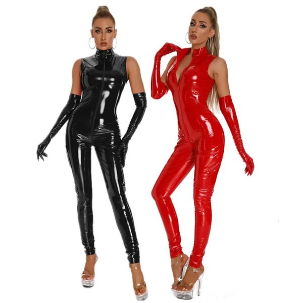 Talla grande S5XL WETLANDO ZIP ABIERTA PVC PVC LATEX SUPSUits para mujeres Bodysuits de cuero con falso brillante Clubwear DS Catsuit 240410