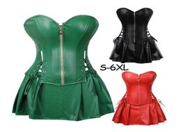 Plus taille s6xl noire zipper pu cuir corset bustier robe bustier overbust sexy lingerie women lace up corselet tops jupe thong2921319