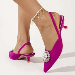 Sandales de taille plus 43 Femmes Pearl Slingback Crystal Slip on Fashion Talons minces chaussures de robe Rose Summer 9742NSandALS SAA 9742N