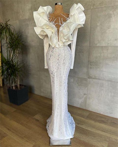 Tallas grandes Satén Sirena Vestidos de novia Cristales con cuentas Volantes en los hombros Vestidos de novia de manga larga Robe de mari￩e