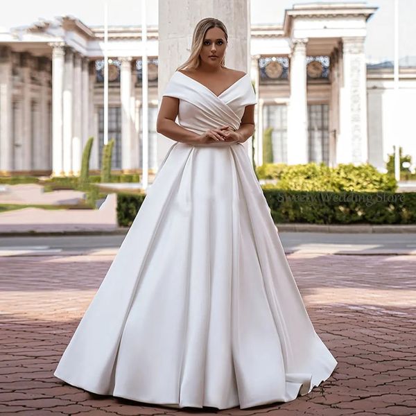 Plus size vestido de casamento de cetim mangas compridas 2024 vestido de noiva rendas até elegante decote em v fora do ombro a linha vestidos de noiva feitos sob encomenda