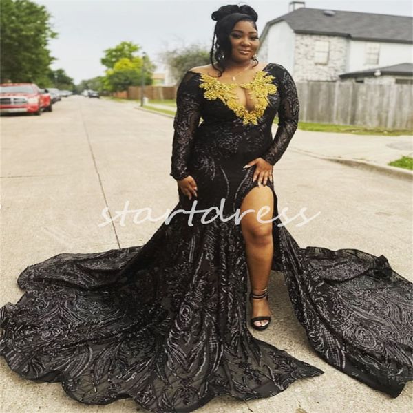 Vestidos de fiesta de lentejuelas de talla grande para niñas negras Vestido de noche negro de sirena de manga larga brillante con hendidura Vestidos de fiesta de baile formales con cuentas doradas Vestios de fiesta africanos