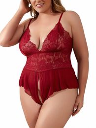 Plus Size Sexy Bodysuit Dames Plus Bloemen Jacquard Semi Sheer Crotchl Sexy Teddy Nachtkleding Nachtkleding Babydoll K6aV #