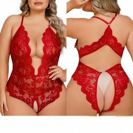 Plus Size Sexy Crotchl Lingerie Femmes Dentelle Creux Body Pyjamas Érotiques Teddy Babydoll Dr Deep V Soutien-Gorge Ouvert Sous-Vêtements Ensemble I9g9 #