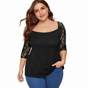 Tallas grandes Sexy Elegante Fi Tops Mujeres Ctrast Manga de encaje Cuello cuadrado Sólido Negro Verano Primavera Vaina Camiseta Blusa 6XL 71i6 #