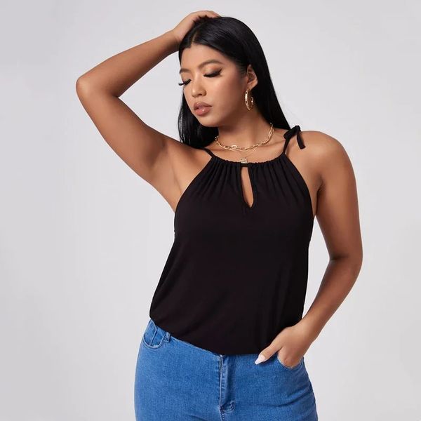 Grande taille Sexy Hater cou été décontracté haut femmes cravate détail trou de serrure avant travail bureau réservoir femme grande taille plage Cami 6XL 7XL 240130