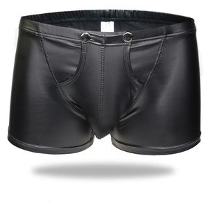 Tallas grandes Boxers sexy para hombres Entrepierna abierta Lencería sintética Etapa U Bolsa convexa Boxers de charol negro Pantalones cortos Ropa interior XXL 240305