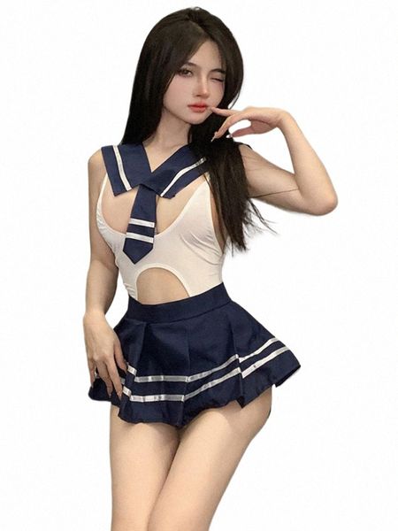 Plus Size Sexy School Girl Lingerie Cosplay Costumes exposés Babydoll Uniforme Érotique Jeu de rôle Nightdr Hollow Sous-vêtements e0T2 #