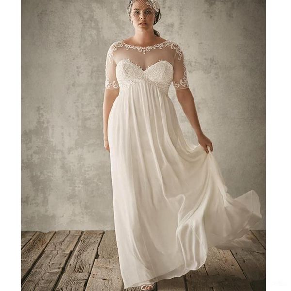 Plus la taille robes de mariée pure 2019 vente nouvelle encolure dégagée plis a-ligne demi manches empire dentelle mousseline de soie plage nuptiale Gow267d