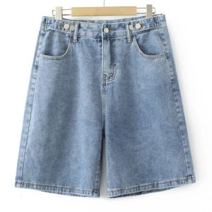 Talla grande corta 2023 moda de verano hebilla doble hebilla alta jeans ancho de piernas anchas fondos sueltos curva de gran tamaño 240322