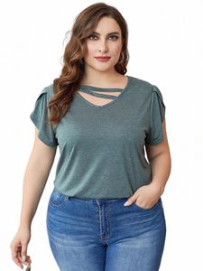 Plus Size Korte Bloemblaadje Mouw Vrouwen T-shirts Effen V Uitgesneden Hals Top Gebreide Oversized Tee Zomer Herfst Lente Casual kleding d0fO #