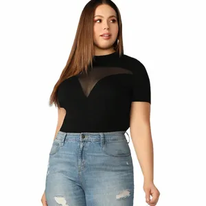Plus la taille à manches courtes d'été sexy chemisier top femmes col rond panneau de maille noir solide pure basique t-shirt femme grande taille t-shirt 5XL a4FY #
