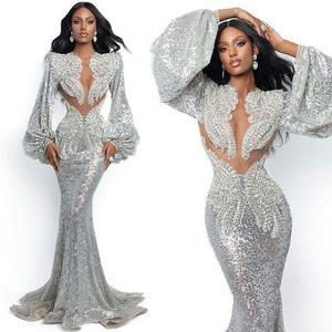 Plus Size Silver Mermaid Prom Jurk Glitter Bling Sequin Avondjurken Sexy Illusion Custom Made Robe de Mariée