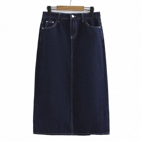 Plus la taille jupe femmes 2023 printemps fi bleu profond taille haute a-ligne rétro dos fendu denim mi-longueur bas courbe vêtements s9da #