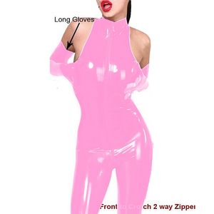 Plus Size Mouwloze PVC Jumpsuit Dames Skinny Catsuit met Lange Handschoenen Sexy Open Kruis Jumpsuit Wetlook Pool Dancing Clubwear