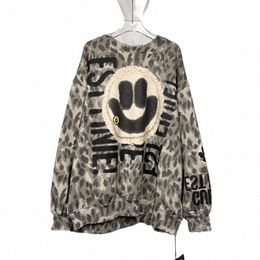 Plus Size Glimlach Brief Afdrukken Retro Luipaard Sweatshirt voor Vrouwelijke Herfst Nieuwe Big Size Dames Truien Trendy Wear Sweatshirt f29o #