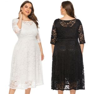 Plus Size Soft Lace Avondjurk Bruids Douche met Zakken Stretchy Comfortabele Civiele Ceremonie Back Yard Weddings Bruidsmeisjes Jurken Knielengte Lange Mouwen 6XL