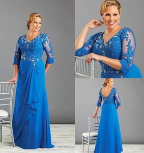 Taille Plus Special Occasion Robes en dentelle Crystal Vneck 34 Manches de soirée Backless Sorking Longueur du sol en mousseline de soie mère de la mariée7644641