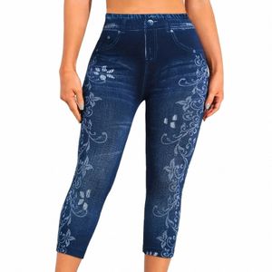 Grote maten sportlegging, dames Plus denimprint Bloemen hoge taille Skinny lichte stretch Capri-legging Y2JM#