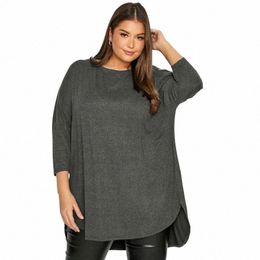 plus la taille printemps automne élégant salut bas tunique 3/4 manches chauve-souris LG lâche chemisier gris foncé pli dos grande taille haut décontracté 6XL e67G #