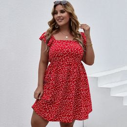 Plus size vierkante hals bloemenprint zomer boho-jurk korte ruche mouw hart casual groot strand zon 7XL 240312