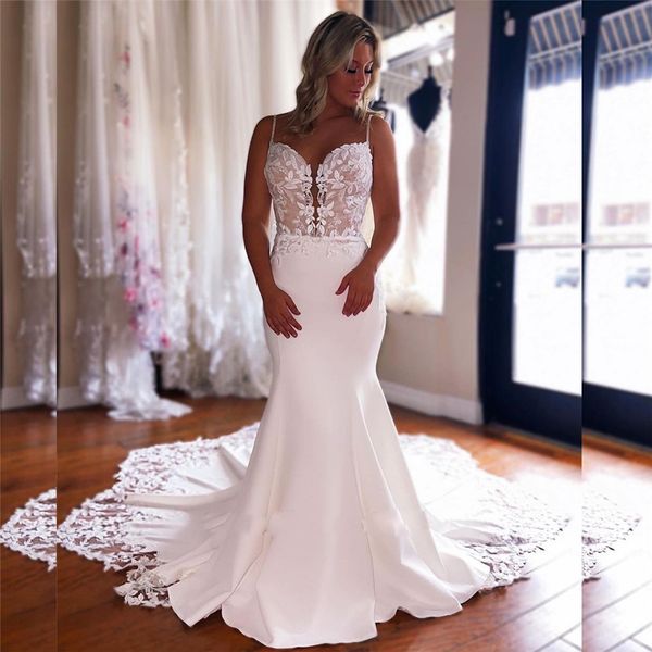 Vestido de novia de sirena con tirantes de talla grande, hermoso vestido de novia con cola de encaje, vestido de novia de campo Sexy para mujer