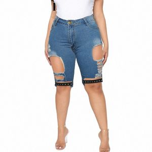 Plus Size Straat Punk Holle Stretchy Shorts 4XL Vrouwen Zomer Riem Stiching Gescheurd Gat Hoge Taille Party Club Korte denim Jeans v8FO #