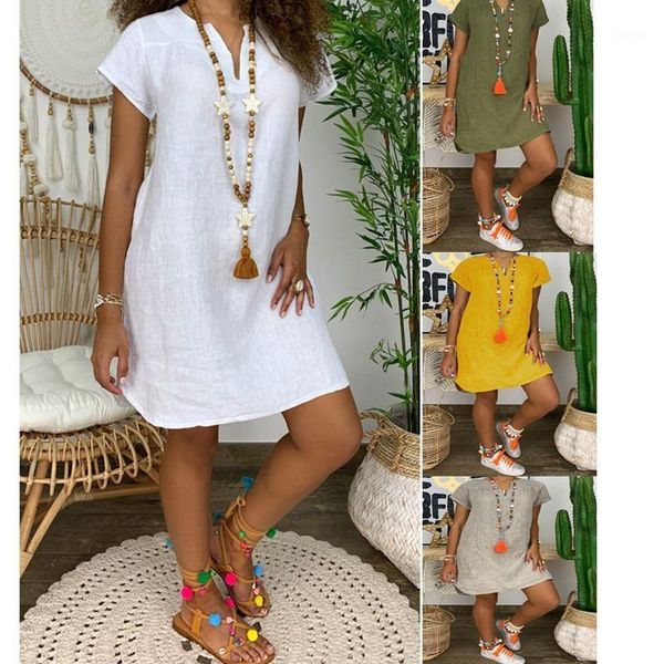 Plus Taille Summer 2020 Coton Lin Mini Robe Femmes V-Col Robe De Soirée Élégante Casual Manches Courtes Femmes Robes De Soleil Robes1