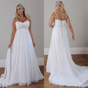 Plus Size Zomer Strand Trouwjurk Chiffon A-lijn 2021 Spaghettibandjes Backless Bruidsjurken Pailletten Kralen Geappliceerd Kant Robe243P