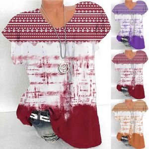 Plus size zomer blouse vrouwen chique tie kleurstof print ronde nek korte mouw tee shirt blouses losse tuniek top comfortabele casual t-shirt l220705