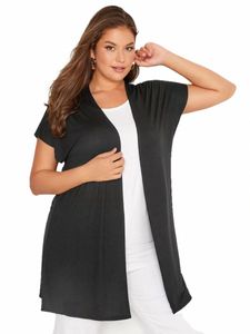 Grande taille été décontracté Lgline Cardigan femmes à manches courtes en vrac noir Kimo grande taille élégant ouvert Frt Cardigan 7XL 8XL W80P #