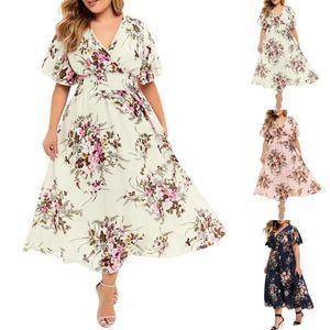 Plus size zomer dres floral chiffon vneck short sleeveved jurk elastische hoge taille bohemian 240426