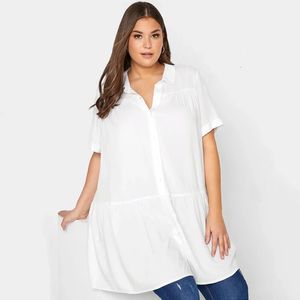 Plus size zomer elegante longline smok shirt vrouwen vrouwen korte mouw zwart casual gelaagde blouse grote losse witte 7xl 8xl 240403