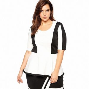 Tallas grandes Verano Elegante Peplum Top Mujer Media manga Blusa con dobladillo con volantes en blanco y negro Mujer Camiseta de oficina de gran tamaño 6XL 7XL A8RP #