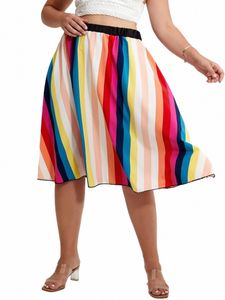 Tallas grandes Falda elegante de verano Mujeres Cintura elástica Vertical Raya del arco iris Costura Una línea Falda midi Mujer Falda de gran tamaño 5XL h2Hv #