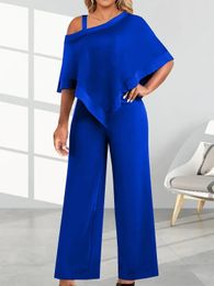 Combinaison pour femmes, grande taille, mode d'été, couleur unie, col diagonal, manches courtes, jambes larges, pantalon élégant, 240410