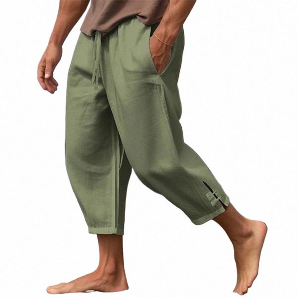 Tallas grandes Pantalones Harem de verano Hombres Joggers cortos Cott Estilo de lino Longitud de la pantorrilla Pantalones holgados ocasionales Pantalones capris masculinos n3YD #