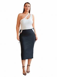 Tallas grandes Falda midi sexy de verano Mujeres Lazo Lado Recorte Bodyc Split Punto acanalado Falda midi Mujer Faldas lápiz de gran tamaño 5XL I3jK #