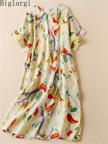 Plus taille d'été vintage robe florale décontractée lâche dames coton lin robes imprimées femme fleur pull midi 240430