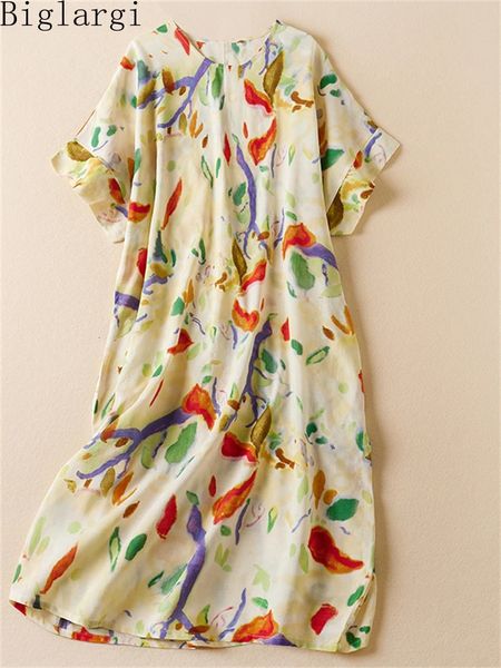 Plus taille d'été vintage robe florale décontractée lâche dames coton lin robes imprimées femme fleur pull midi 240506