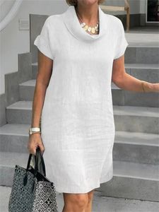 Plus size zomer dames chique casual jurken eenvoudige stijl comfortabele vaste stapelde kraag korte mouw midi jurk vestidos 2023 240403