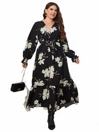 Plus la taille d'été femmes Dr enveloppé col en V Swing Dres taille ceinture Floral Pring Robe à volants ourlet Lg manches femme Sundr I1AZ #