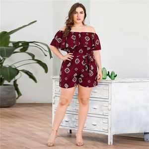 Tallas grandes Verano Mujer Nueva Moda Casual Playsuits Sexy Slash Neck Ruffled Print Cintura Shorts Mono # E18 T200704